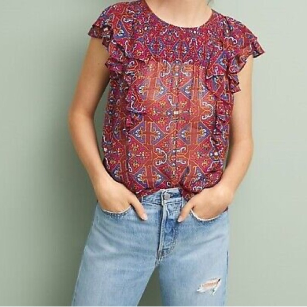 Anthropologie Meadow Rue Majolica Flutter Sleeve Blouse Size 4